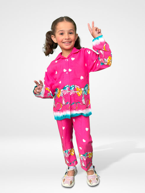 Hearts Printed Imported Linen Set (Shocking Pink)