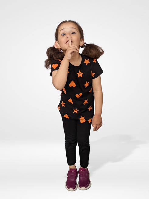 Stars Allover Printed Cotton Pajama Set (Black)