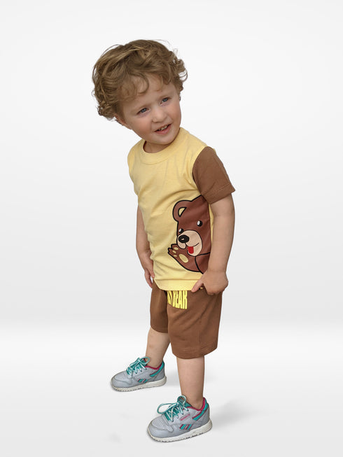 Teddy Bear Printed Short Set (Yellow/Brown)