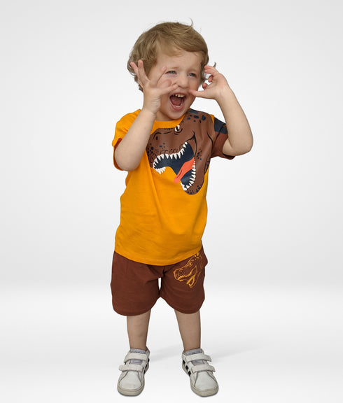 Dinosaur Printed Short Set (Mustard/Brown)
