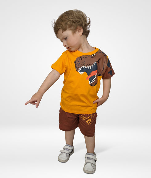Dinosaur Printed Short Set (Mustard/Brown)