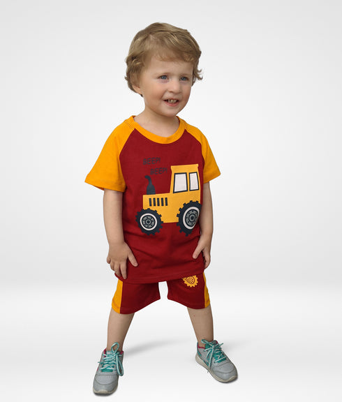 Tractor Printed Raglan Short Set (Maroon/Masturd)
