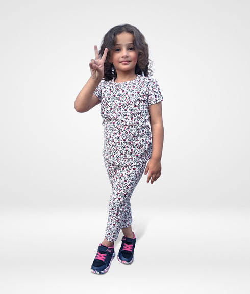 Rose Allover Printed Cotton Pajama Set (White & Red)