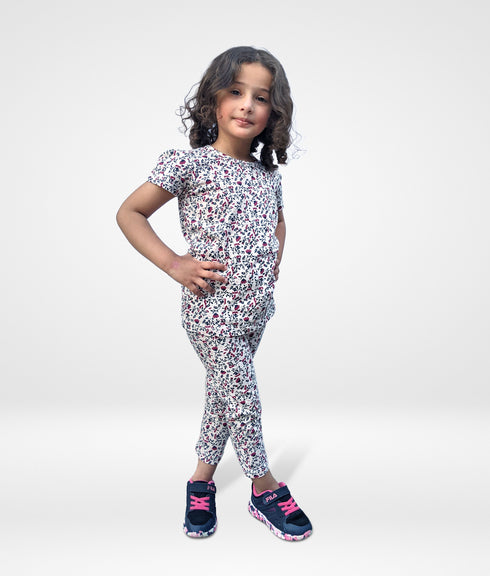 Rose Allover Printed Cotton Pajama Set (White & Red)