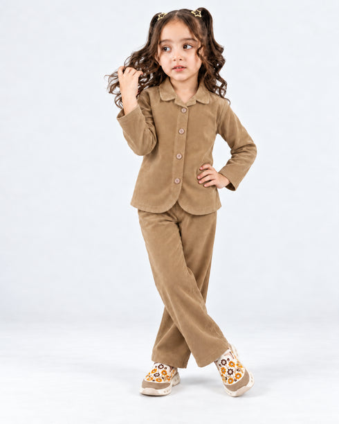 Imported Corduroy Button-Down 2 Piece Set (Camel Brown)