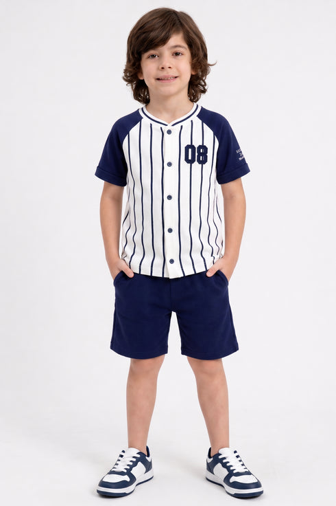 Striped Embroidered Baseball Set (White-Navy)