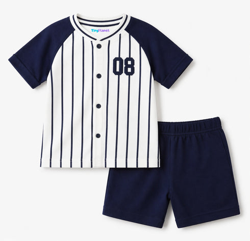 Striped Embroidered Baseball Set (White-Navy)