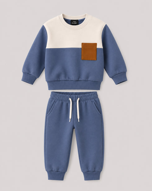 The Color Block Fleece Suit (Dusty Blue & Off-White)