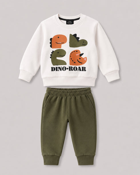 The Dino Roar Fleece Suit (Off-White & Dark Green)