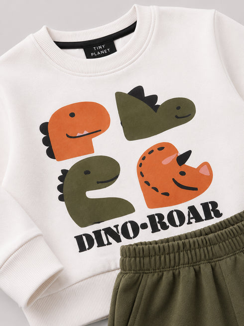 The Dino Roar Fleece Suit (Off-White & Dark Green)