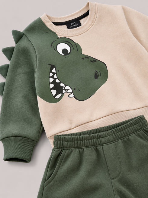 The Dino Buddy Fleece Suit (Beige & Dark Green)