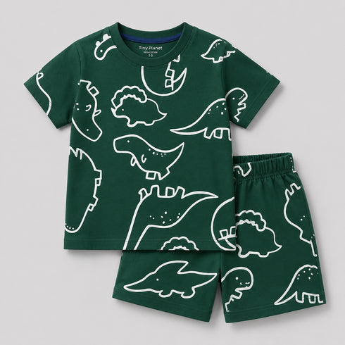 The Dino Doodle Cotton Short Set (Forest Green)