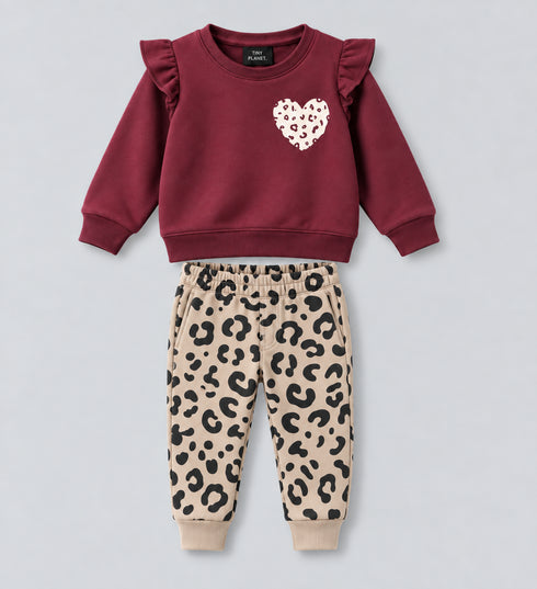 Frill Sleeves Leopard Heart Fleece Suit (Burgundy & Beige)