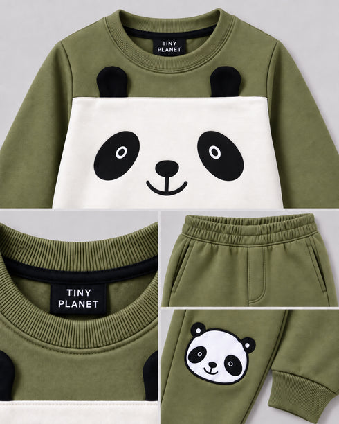 The Cozy Panda Fleece Suit (Olive Green & Off-White)