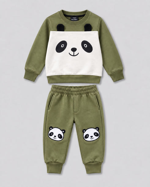 The Cozy Panda Fleece Suit (Olive Green & Off-White)