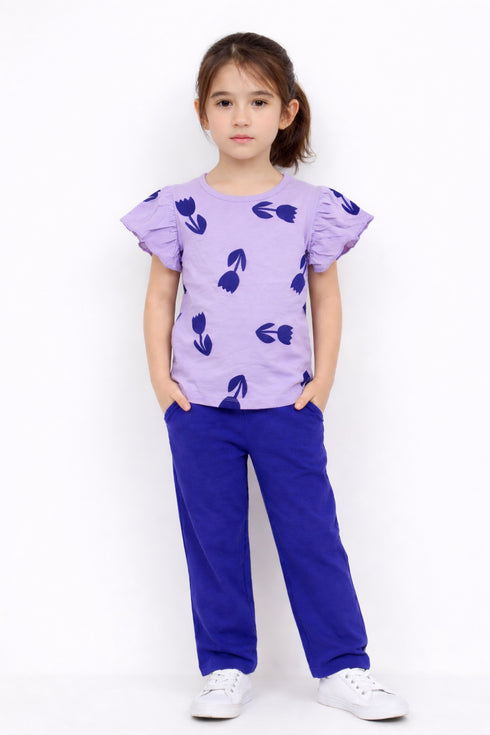 Frill Sleeves Tulip Flutter Cotton Trouser Set (Lilac & Purple)
