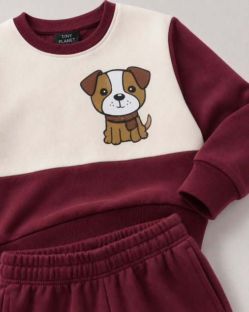 Puppy Color Block Fleece Suit (Burgundy & Off-White)