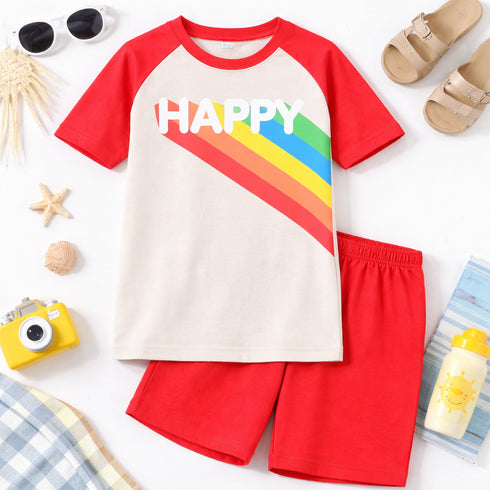 Always Be Happy Raglan Cotton Short Set (Cream-Red)