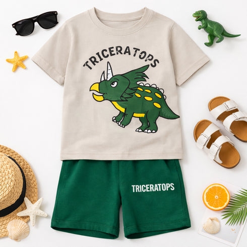 Triceratops Cotton Short Set (Light Beige-Dark Green)
