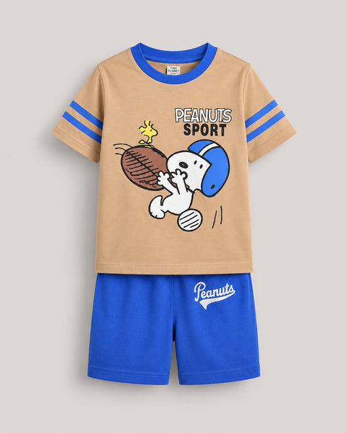 The Peanuts Sport Cotton Short Set (Beige & Blue)