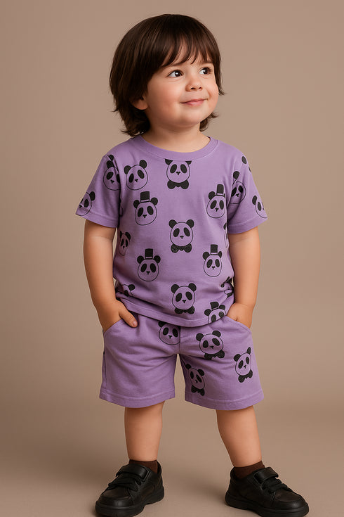 Panda Themed Cotton Short Set (Purple)