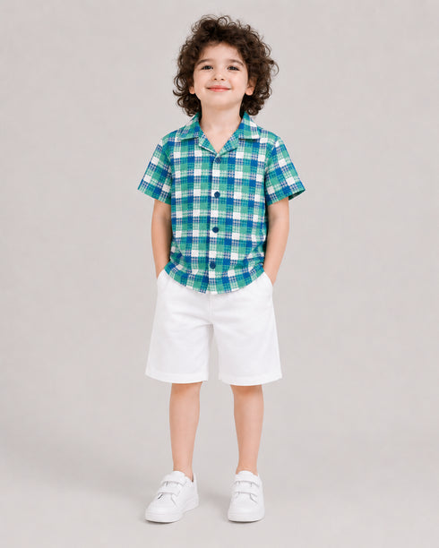 Classic Check Imported Cotton Short Set (Mint Sapphire & White)