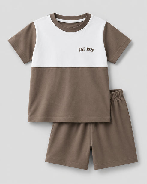 Tiny Colorblock Cotton Short Set (White & Brown)