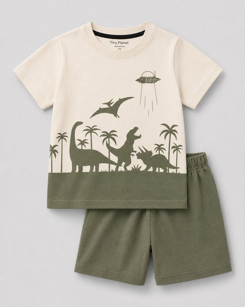 Jurassic Tales Cotton Short Set (Ivory & Olive)