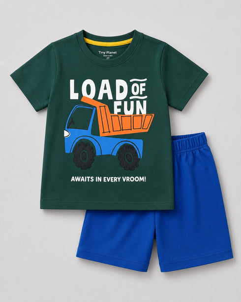 Load Of Fun Cotton Short Set (Dark Green & Royal Blue)