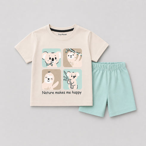 Koala Adventure Cotton Short Set (Cream & Mint Green)