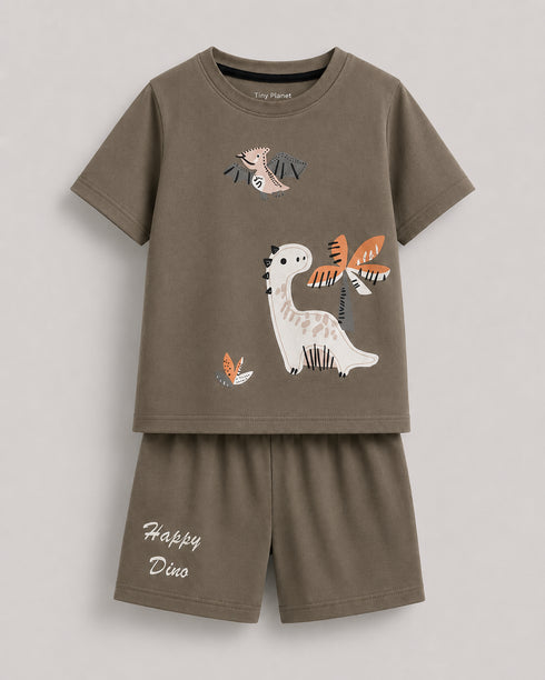 Happy Dino Cotton Short Set (Light Brown)