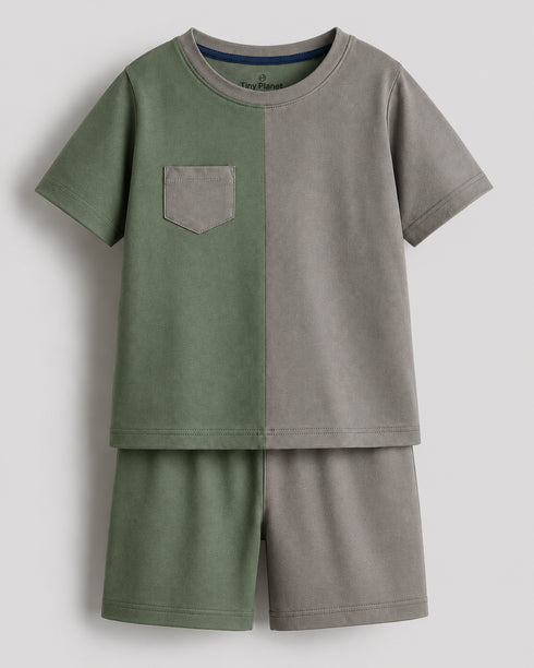 Tiny Colorblock Cotton Short Set (Green & Brown)