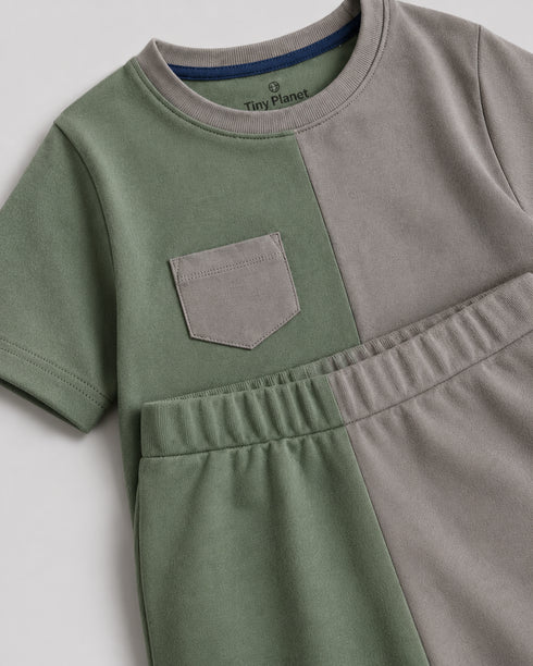 Tiny Colorblock Cotton Short Set (Green & Brown)