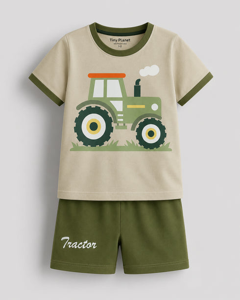 The Tractor Trail Cotton Short Set (Ivory & Green)
