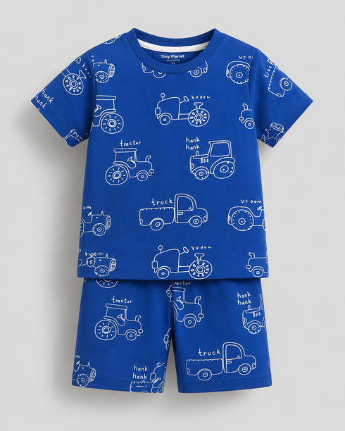 Tractor Tracks Cotton Short Set (Royal Blue)