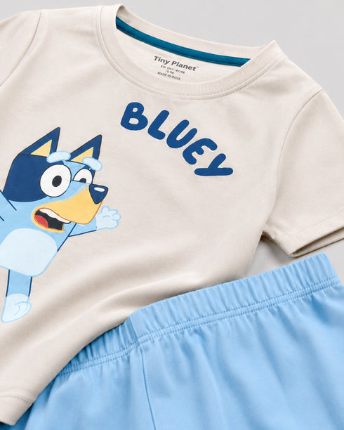 Bluey Skybound Cotton Short Set (Beige & Sky Blue)