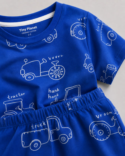Tractor Tracks Cotton Short Set (Royal Blue)