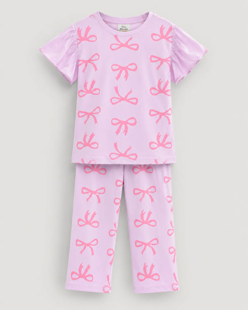 Frill Sleeves Ribbon Themed Cotton Trouser Set (Baby Pink)
