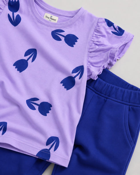 Frill Sleeves Tulip Flutter Cotton Trouser Set (Lilac & Purple)