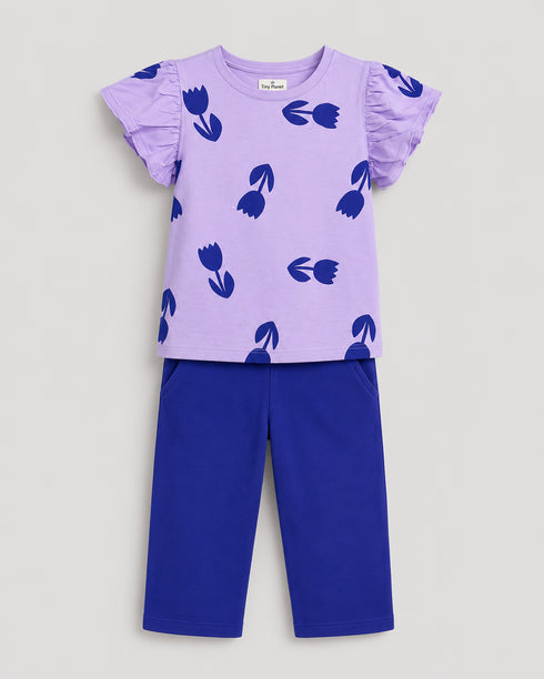 Frill Sleeves Tulip Flutter Cotton Trouser Set (Lilac & Purple)
