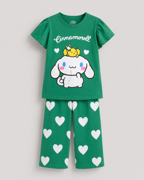 Frill Sleeves Cinnamoroll’s Garden Cotton Trouser Set (Kelly Green)