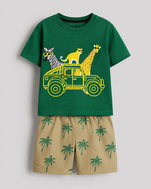 Zebra & Friends Cotton Short Set (Green & Beige)