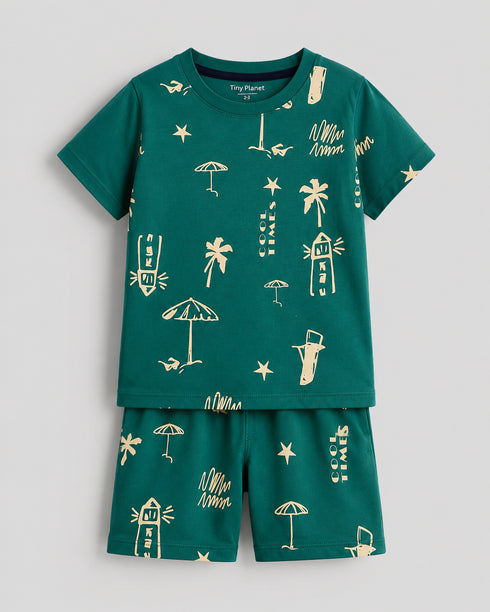 The Tropical Tide Cotton Short Set (Deep Green)