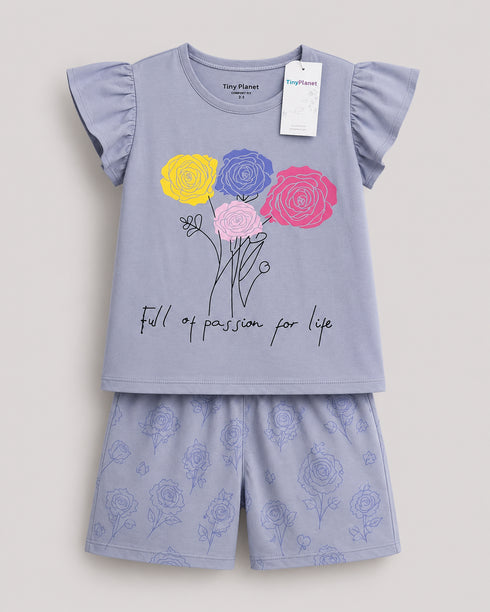 Frill Sleeves Passion Bloom Cotton Short Set (Lavender)