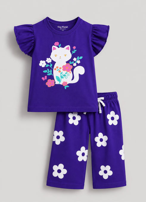 Frill Sleeves Kitty Bloom Cotton Trouser Sets (Dark Purple)