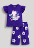 Frill Sleeves Kitty Bloom Cotton Trouser Sets (Dark Purple)