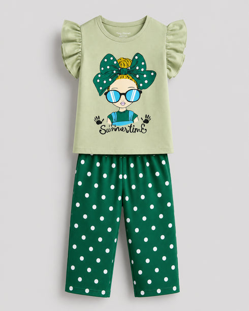 Frill Sleeves Polka Summer Time Cotton Trouser Set (Beige & Green)