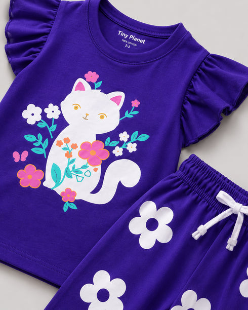 Frill Sleeves Kitty Bloom Cotton Trouser Sets (Dark Purple)