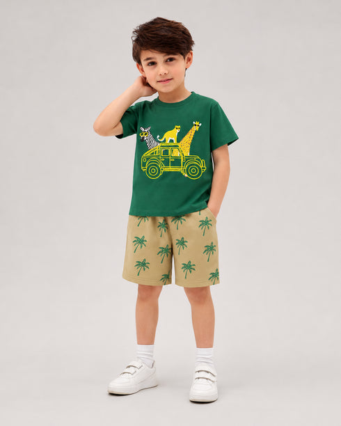 Zebra & Friends Cotton Short Set (Green & Beige)