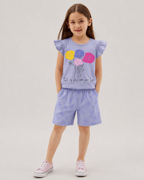 Frill Sleeves Passion Bloom Cotton Short Set (Lavender)